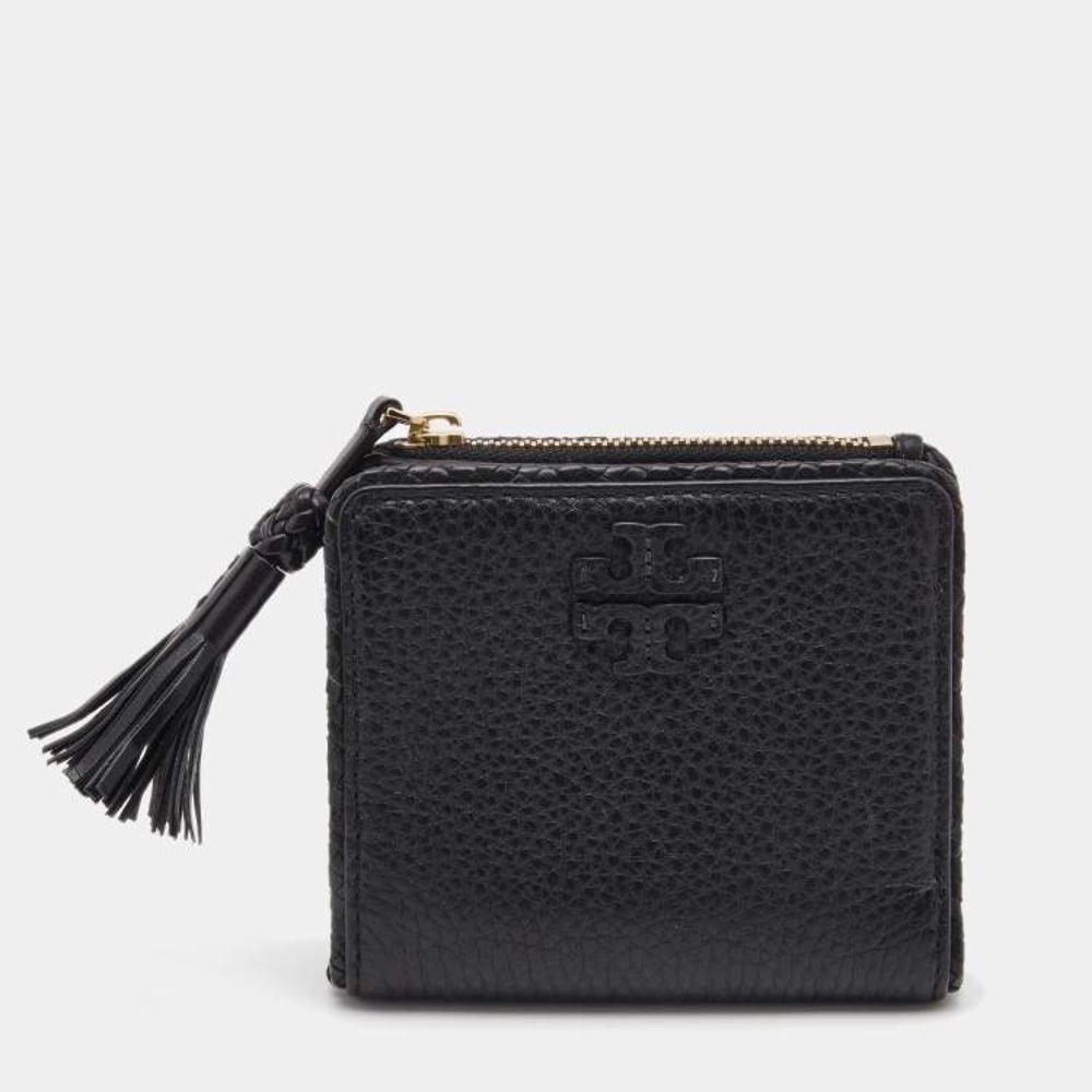 TORY BURCH Bi Fold Black Pebbled Leather Zip Tassel Wallet